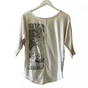 Free People White ¾ Long Sleeves Deer Novelty Print  Boat Neckline SZ SP # 1767